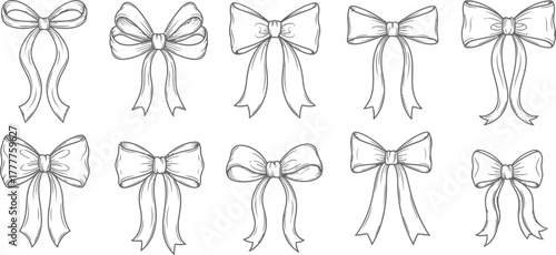 Collection of hand drawn bow illustrations isolated on white background