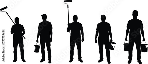 Silhouette painters, painting crew, paint tools, teamwork, construction workers, bucket, roller, renovation, home improvement, black figures, standing poses