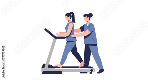 Patient Undergoes Therapy Under Guidance While Exercising On A Treadmill In A Blue Uniform