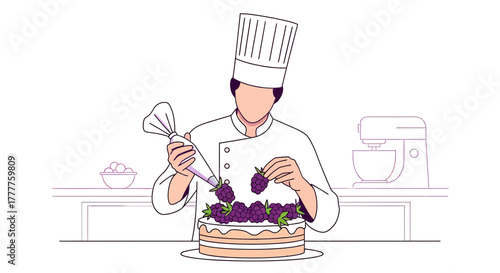Pastry Chef Decorates Exquisite Berry Cake, Adding Creamy Touches For Delightful Dessert