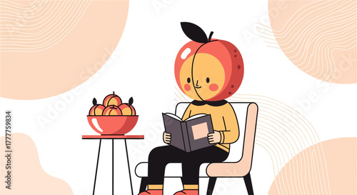 Peach Character Reading A Book While Sitting Near Bowl Filled With Fresh Fruits