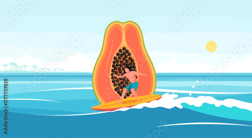 Papaya Surfer Riding the Waves with a Tropical Vibe Under the Sunny Sky