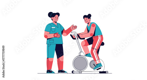 Patient's Rehabilitation: Physical Therapist Guides Exercise On Stationary Bicycle.