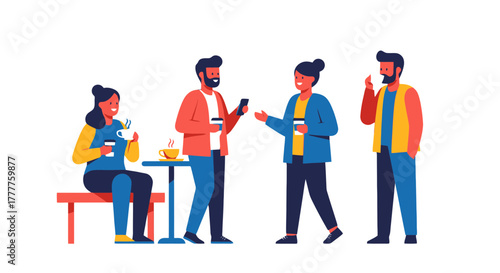 People Enjoying Coffee Breaks And Engaging In Conversations, A Vector Illustration