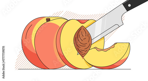Peach Sliced With A Knife Depicts Healthy Eating and Fresh Fruit with Vector Style