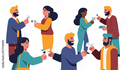 People Exchanging Greeting Cards Handing Thanks And Gratitude In An Illustrated Style