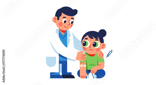 Pediatrician Comforting A Child Before A Vaccination Illustration In Flat Style