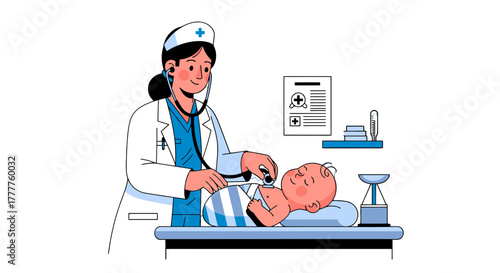 Pediatrician Examining Baby In Clinic Creating Healthcare Illustration For Medical Purposes