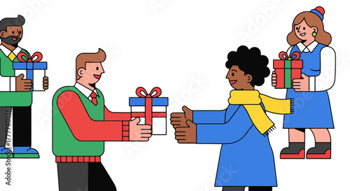 People Exchanging Presents Celebrating Holiday Season, Joyful Moments of Receiving Gifts