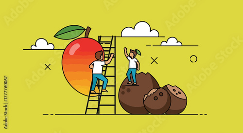 People Harvesting Exotic Fruits Under A Sunny Sky Artwork Illustration