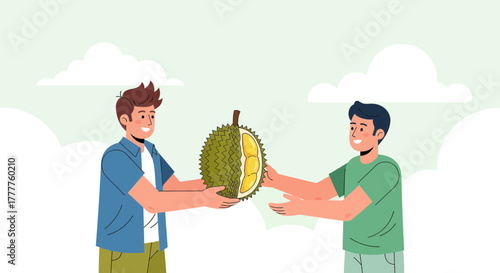 People Sharing a Delicious Half-Cut Durian in a Verdant and Whimsical Scene