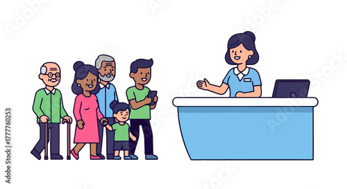 People Waiting in Line at a Reception Desk Illustration in Modern Flat Design