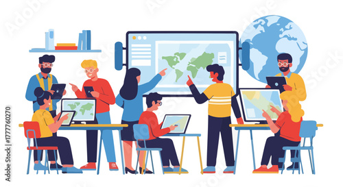 People Working Together on Global Technology and Digital Data Analysis Display