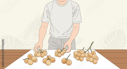 Person Arranging Longan Fruit on a Table a Fresh and Simplified Composition
