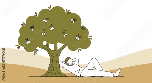 Person Relaxing Under Olive Tree: Resting, Serenity, Peace, Tranquility, and Nature