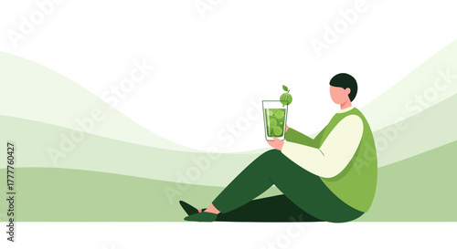 Person Relaxing Peacefully While Sipping Fresh Green Juice With Lime and Healthy Lifestyle