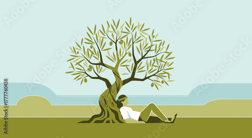 Person Resting Under Olive Tree: A Peaceful Moment of Relaxation and Serenity