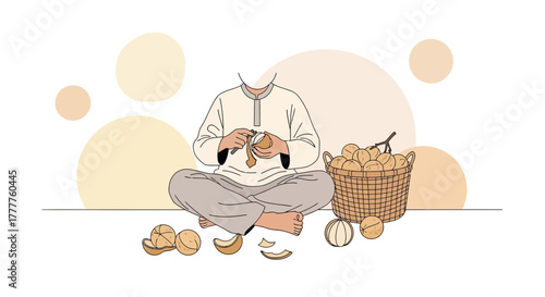 Person Seated, Peeling Fruit, Preparing Food, Illustration Depicting Healthy Lifestyle Routine