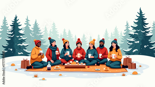 Group in winter picnic sharing food and hot chocolate in forest clearing with gifts, festive christmas spirit