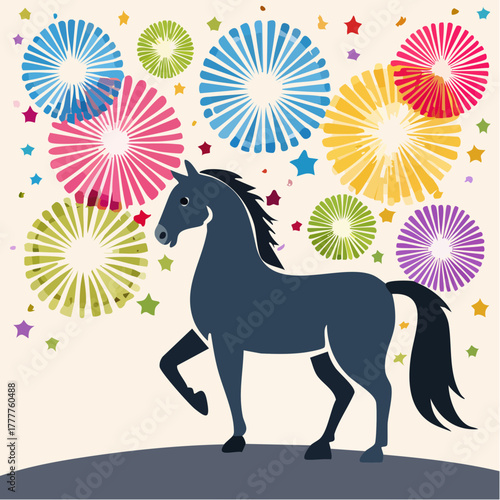 A majestic blue horse prancing against a vibrant backdrop of colorful fireworks and stars in a festive celebration illustration