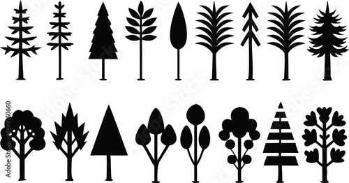 Collection of stylized black silhouettes of various trees and plants