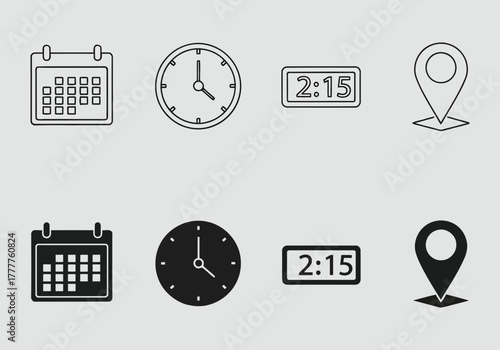 Collection of modern flat design icons representing time, scheduling, and location services, suitable for digital interfaces