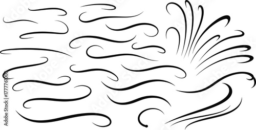 Collection of elegant black ink brush stroke flourishes and swirls isolated on white background