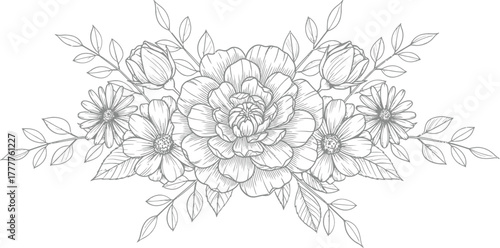 Intricate line drawing of a floral arrangement isolated on white background