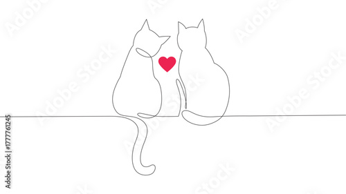 Continuous one-line drawing of two happy cat silhouettes. Simple ink drawing of sitting cats, cute vector illustration. Doodle animals icons, minimalistic line art.