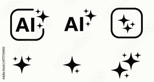 AI Smart Feature Icon Set. Artificial Intelligence Sparkle, Magic Enhancement, and Smart Technology Symbol Vector Black and White Icons.