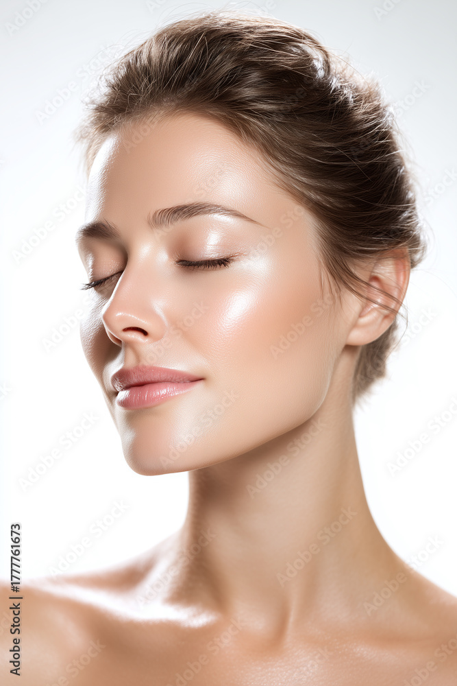 Fototapeta premium Close up portrait of fair skinned woman with luminous glowing skin natural makeup closed eyes serene expression healthy complexion smooth texture soft lighting beauty concept