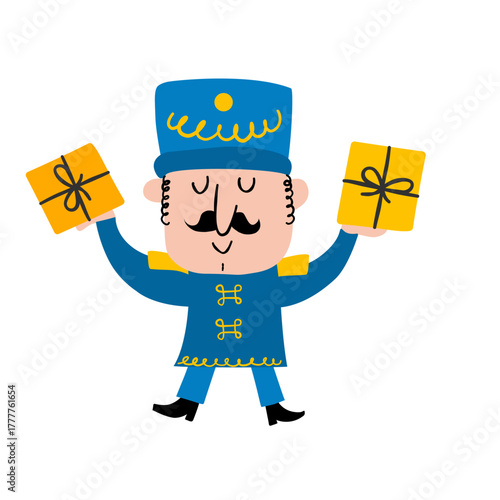 Blue nutcracker soldier with gifts vector illustration, holiday character