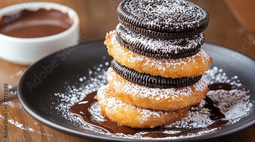 Wallpaper Mural Delicious fried oreo dessert with chocolate sauce and powdered sugar on a black plate, close up shot Torontodigital.ca