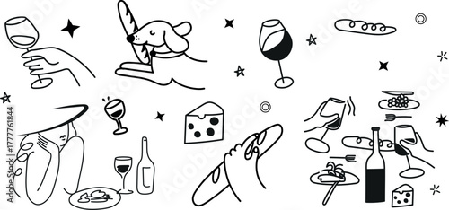 Cozy vector doodle collection featuring wine, food, and romantic dinner elements. Ideal for menu art, stickers, and social media designs.