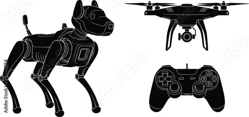 Robotic dog, quadcopter drone, remote controller, modern robotics, surveillance tech, autonomous devices, vector illustration, black silhouette, entertainment gadget, control system
