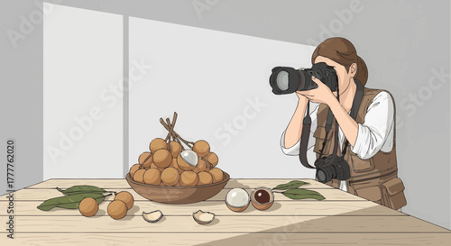 Photographer Capturing Fresh Longan Fruits On Wooden Table With Artistic Composition