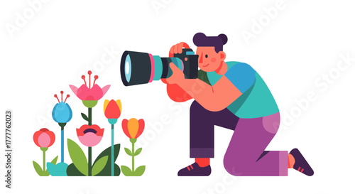 Photographer Capturing Flowers Illustration With Vibrant Colors And Black Background