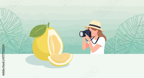 Photographer Capturing A Citrus Fruit's Beauty Surrounded by Tropical Leaves
