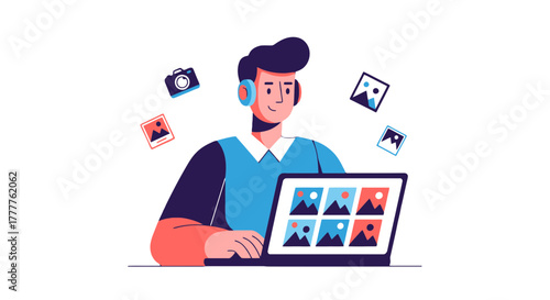 Photographer Editing Photos Using a Computer, Displaying Creative Content and Imagery