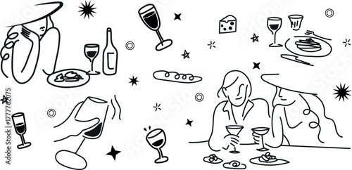 French dinner-inspired vector set — wine, cheese, baguette, and elegance in every line. Perfect for branding and packaging.