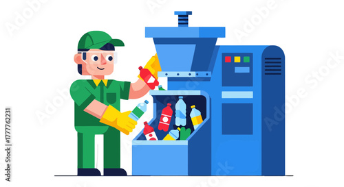 Recycling Specialist Loading Plastic Bottles Into A Sorting Machine For Processing