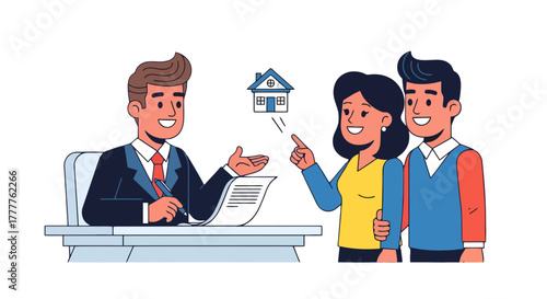 Real Estate Agent Explaining House Purchase To Smiling Couple With Home Icon