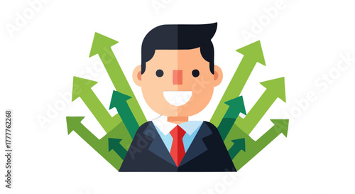 Positive Businessman Surrounded By Arrows Suggesting Business Growth and Advancement