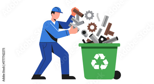 Recycling Worker Puts Metal Parts in Green Waste Bin for Environment Protection