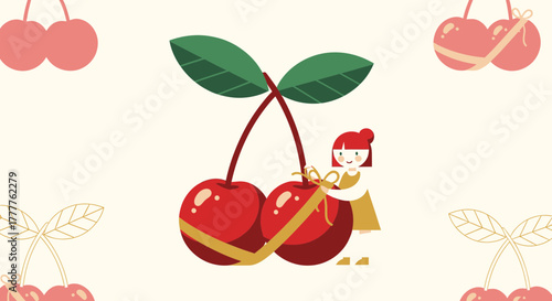 Red Cherries And A Delighted Girl With A Charming Illustration Design
