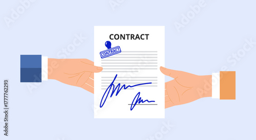 Two business hands holding a signed and officially stamped contract document.