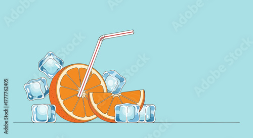 Refreshing Citrus Drink Illustration With Ice Cubes And Straw On Pale Blue Background