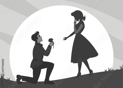 Romantic proposal scene silhouette of man offering rose to woman, capturing love and commitment in timeless style, perfect for wedding themes
