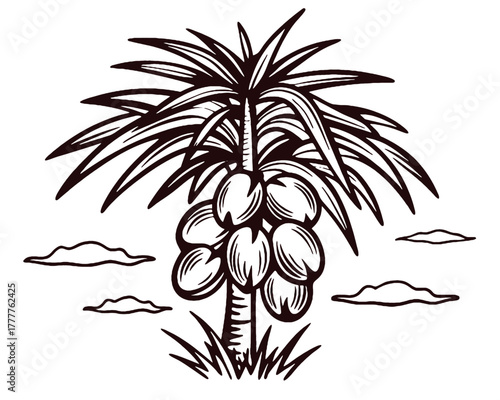 Stylized illustration of a mature coconut palm tree laden with fruit, set against a backdrop of wispy clouds.