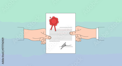 Hands holding a signed document with a red seal and signature.